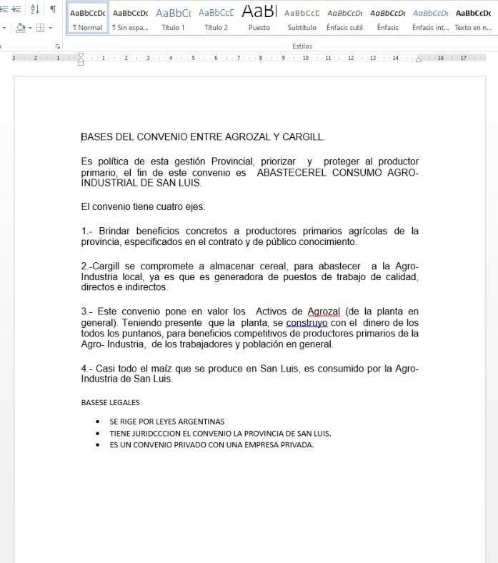 Al pedido de acceso al texto del convenio firmado, el Gobierno de San Luis respondió con este "doc" de word sin membretes, ni firmas ni formalidad alguna.